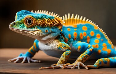 a brightly colored lizard sitting on a wooden table - Generative AI