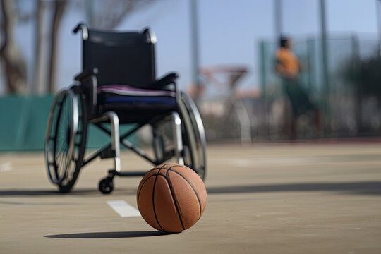 Generative AI image of basketball ball placed against empty wheelchair in court on blurred background