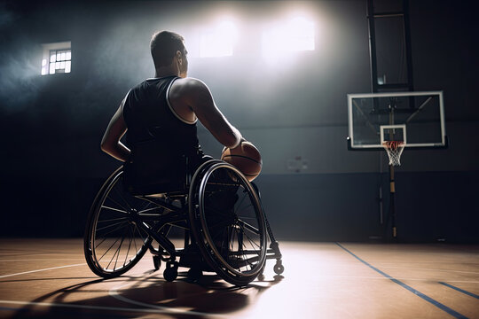Generative AI illustration of unrecognizable handicapped male player in wheelchair on sports ground with basketball while training in bright gym with dark background