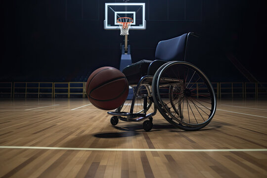 Generative AI illustration of basket ball near empty wheelchair on reflective floor in professional basketball court