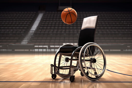 Generative AI illustration of bouncing basketball over empty wheelchair on reflective floor in professional basketball court