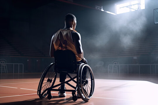 Generative AI illustration of unrecognizable African American male basketball athlete on wheelchair on sports ground in dramatic lights