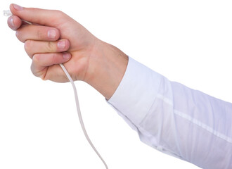 Close up of businessmans hand holding cable 