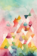 Abstract spring pastel watercolor artwork with geometric shapes and floral elements. Generative AI