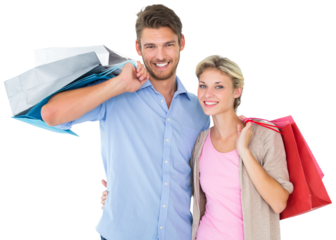 Attractive young couple holding shopping bags