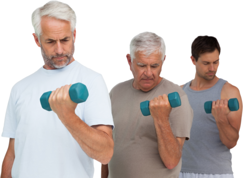 Three men exercising with dumbbells in row