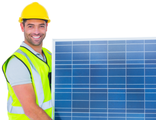 Smiling handyman in protective clothing carrying solar panel