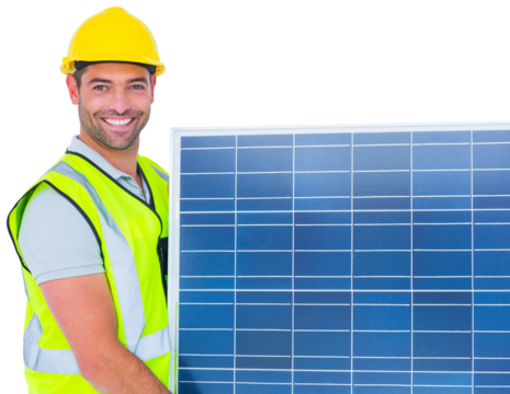 Smiling handyman in protective clothing carrying solar panel
