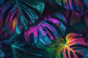 Generative AI illustration of neon Monstera deliciosa leaves growing in tropical forest for creative design elements