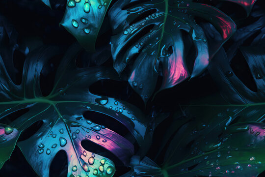 Generative AI illustration of neon Monstera deliciosa leaves growing in tropical forest for creative design elements