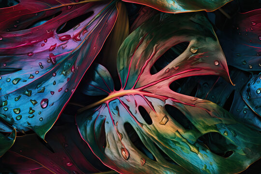 Generative AI illustration of neon Monstera deliciosa leaves growing in tropical forest for creative design elements