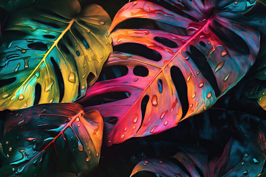 Generative AI illustration of neon Monstera deliciosa leaves growing in tropical forest for creative design elements