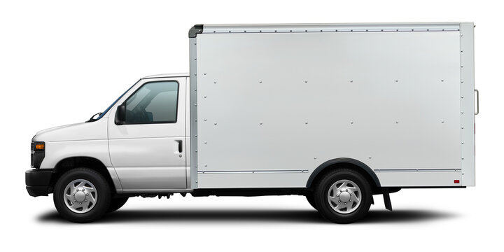 A small delivery van with a full white cab and van, isolated on a white background.