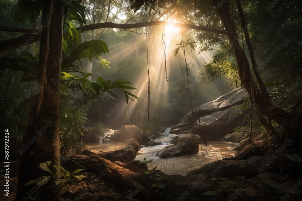 Poster a stream running through a forest filled with lots of trees and rocks with the sun shining through t