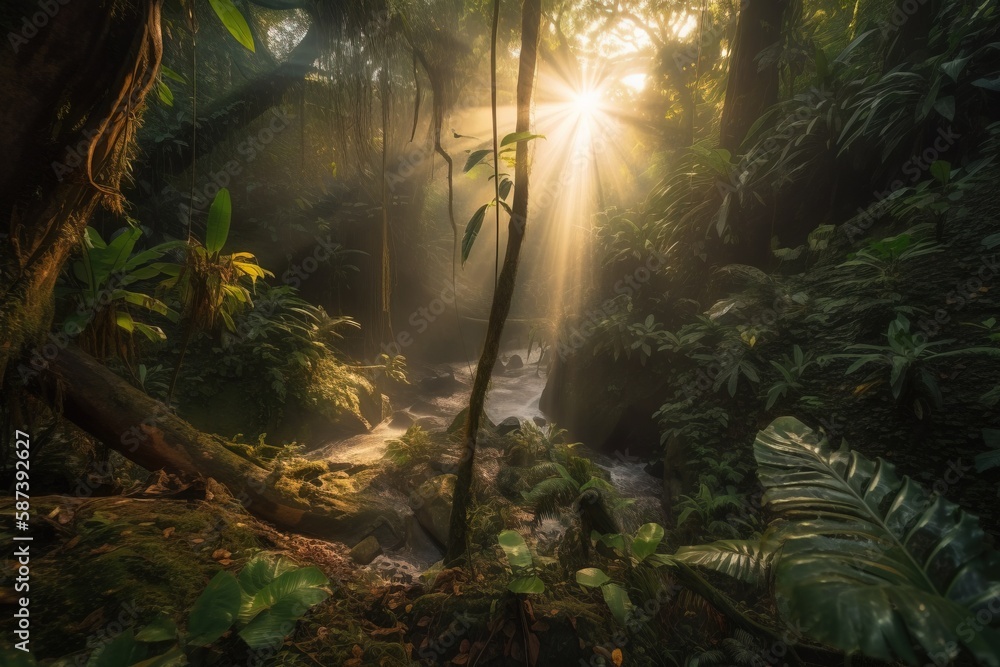Poster a sunbeam in the middle of a jungle with a stream running through it and lots of trees and plants ar