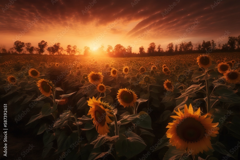 Poster a field of sunflowers with the sun setting in the distance in the distance, with trees in the distan