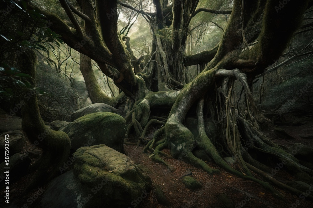 Poster a group of trees that are standing in the woods with moss growing on it's roots and roots on the gro