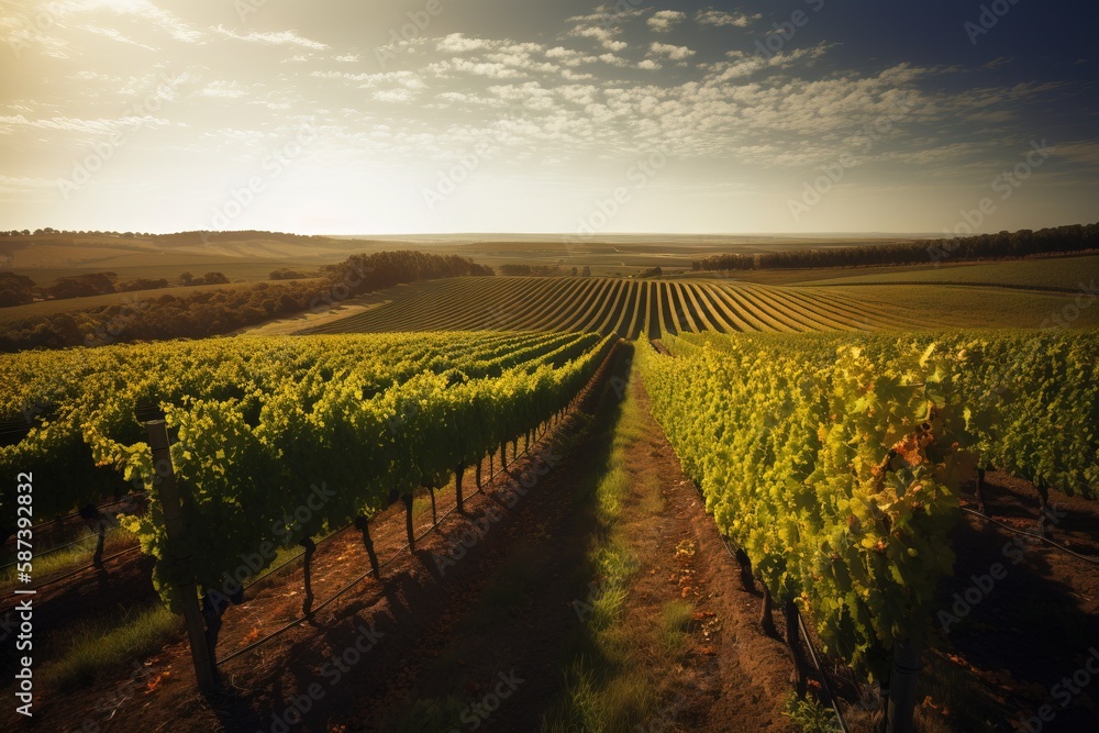 Poster a vineyard with rows of vines in the foreground and a blue sky with clouds in the background with su