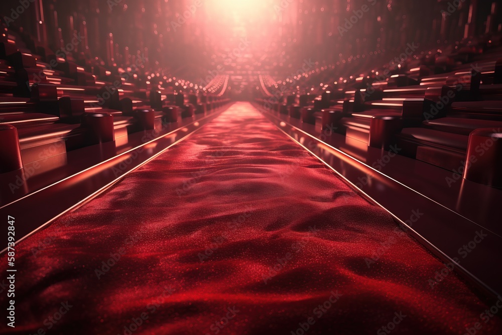 Poster a red carpeted aisle with rows of seats in the background and a light shining down on the floor in t
