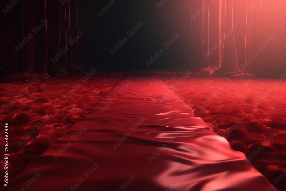 Poster a red carpeted room with a red curtain and a red carpeted area with a red carpet and a red light at 
