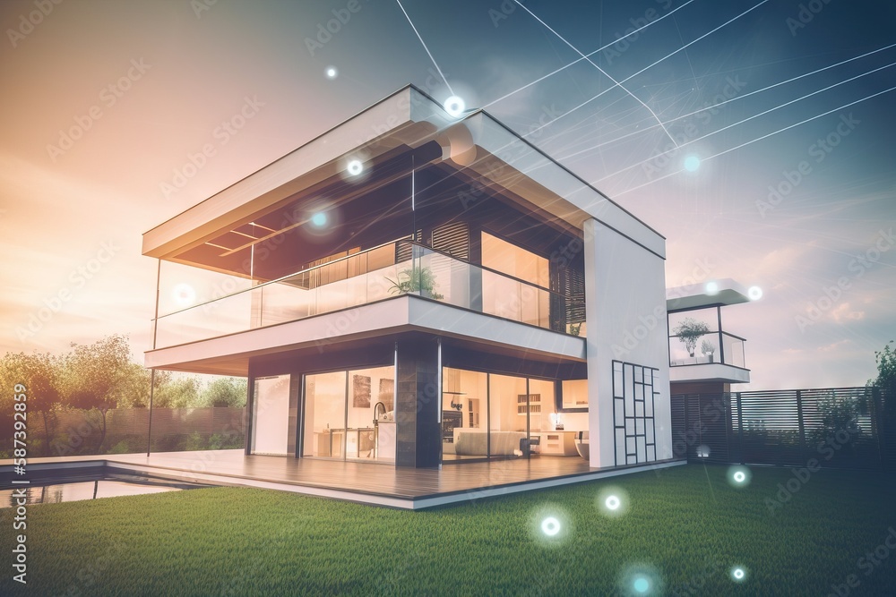 Poster a house with a lot of windows and lights on the front of it and a lot of grass in front of the back 