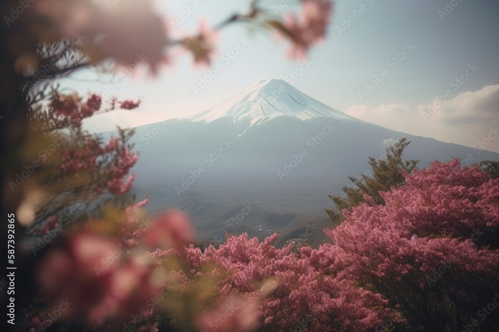 Poster a view of a mountain with pink flowers in the foreground and a blue sky in the background with cloud