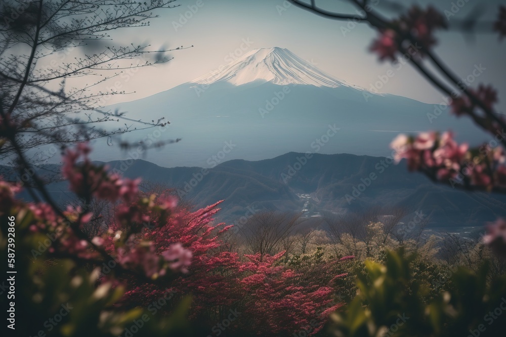Poster a view of a snow capped mountain from a distance with pink flowers in the foreground and a tree in t