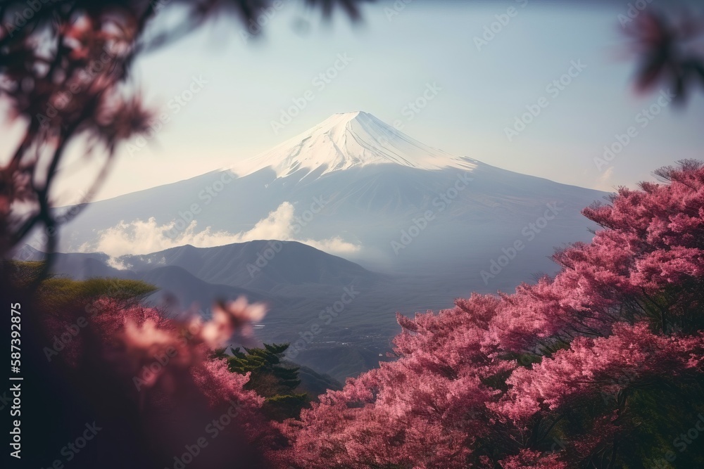 Aufkleber a view of a mountain with pink trees in the foreground and clouds in the background with a blue sky 