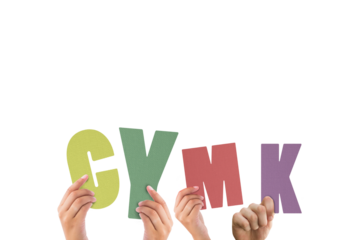 Colorful alphabet spelling CYMK held up by people 