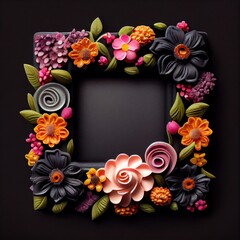 An empty square frame covered with polymer clay flowers on solid background. Plasticine texture. AI generated decorative illustration with a square frame made of colorful flowers.