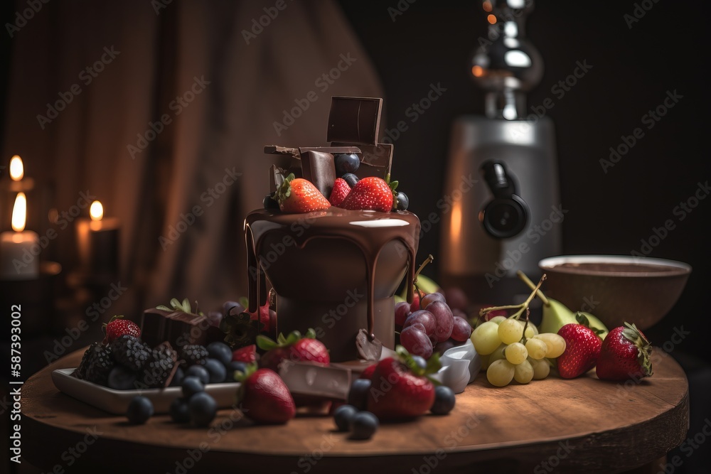 Poster  a chocolate cake with fruit on a table with a candle in the background and a bowl of fruit on the table with a candle in the background.  generative ai