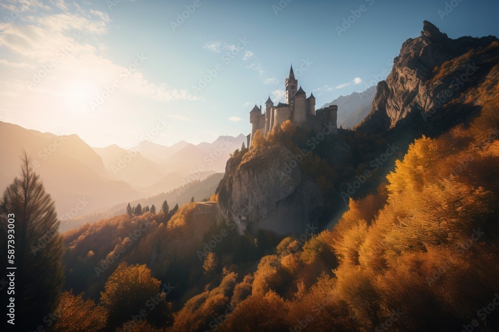 Poster a castle on a mountain with trees in the foreground and mountains in the background, with the sun sh