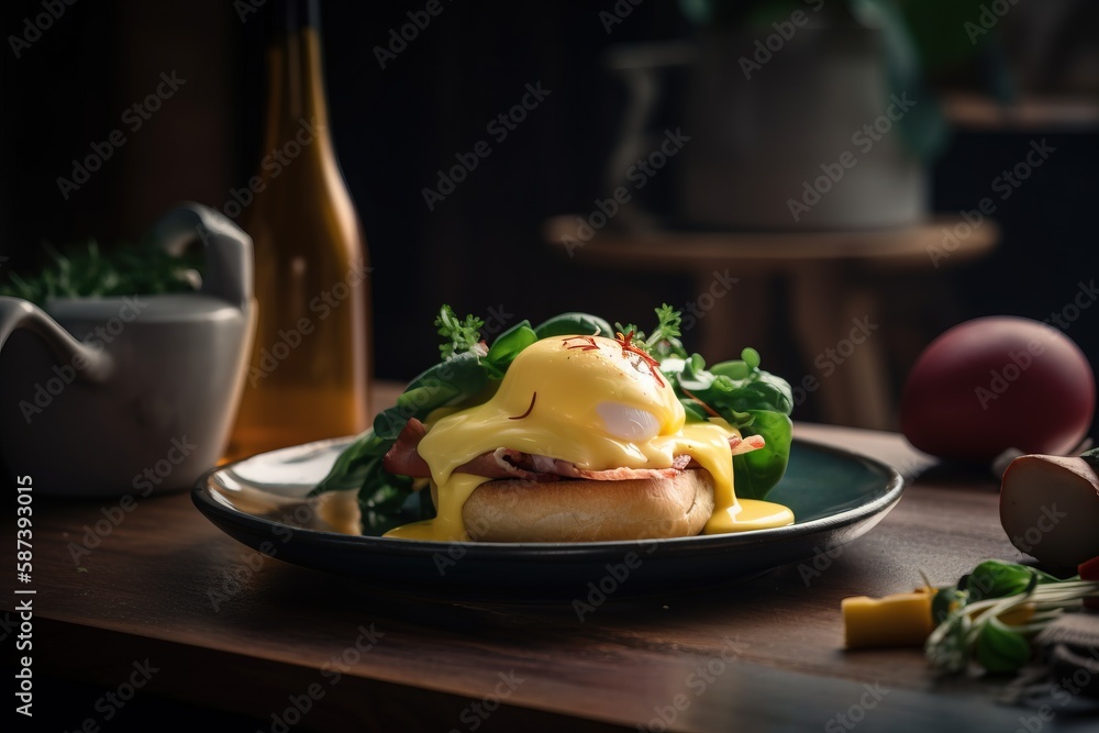 Poster a plate of food on a table with eggs and other food on the table and a vase of eggs in the backgroun