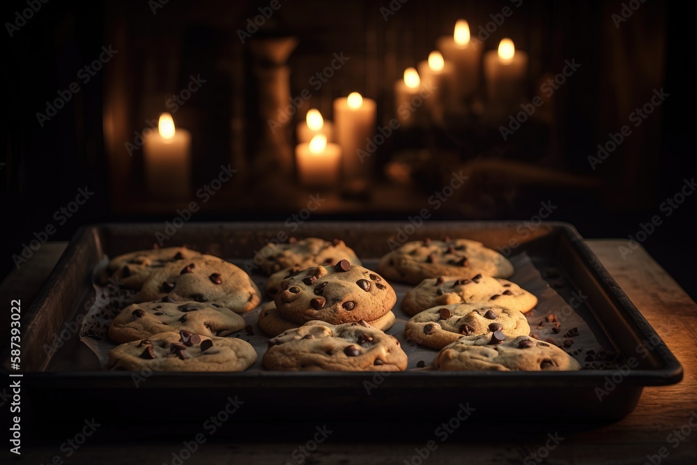 Poster a tray of chocolate chip cookies on a table with candles in the backgrouf of the room in the backgro