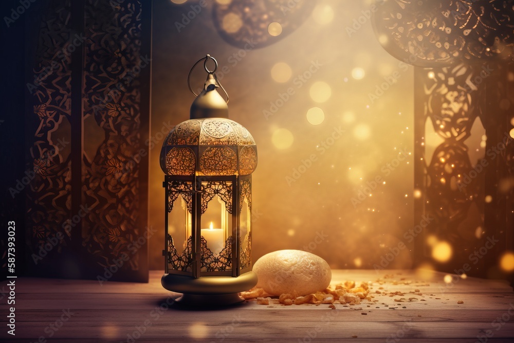 Poster a lantern and two balls on a wooden table in front of a wall with lights in the background and boke 