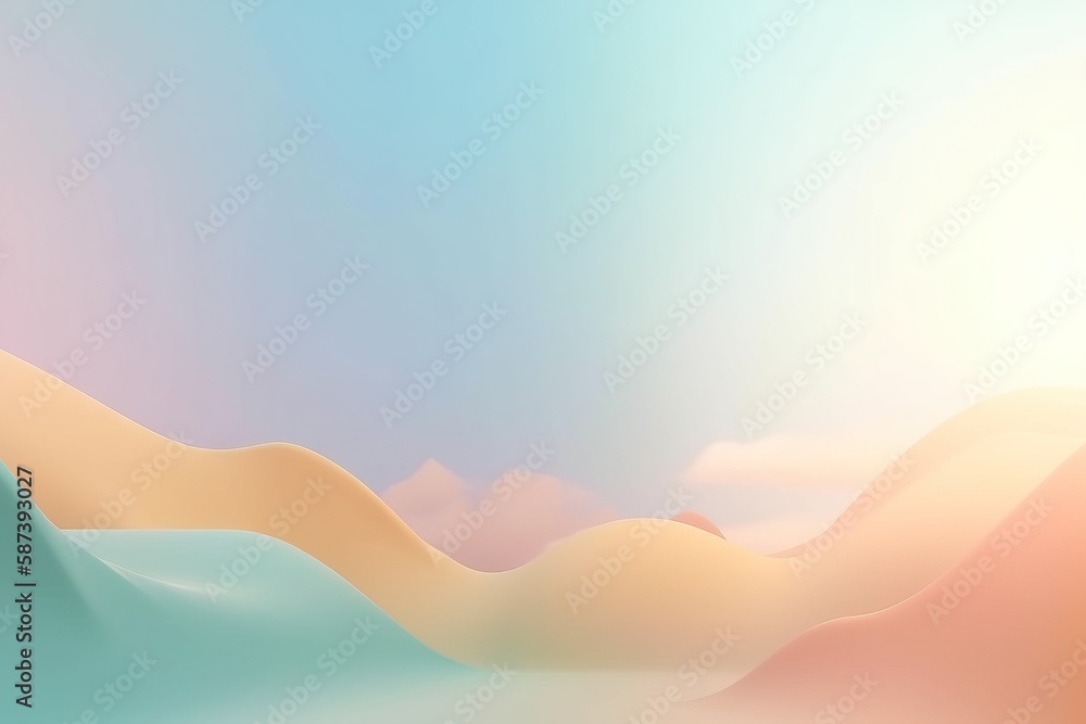 Poster a blurry image of a desert landscape with mountains in the distance and a blue sky in the foreground