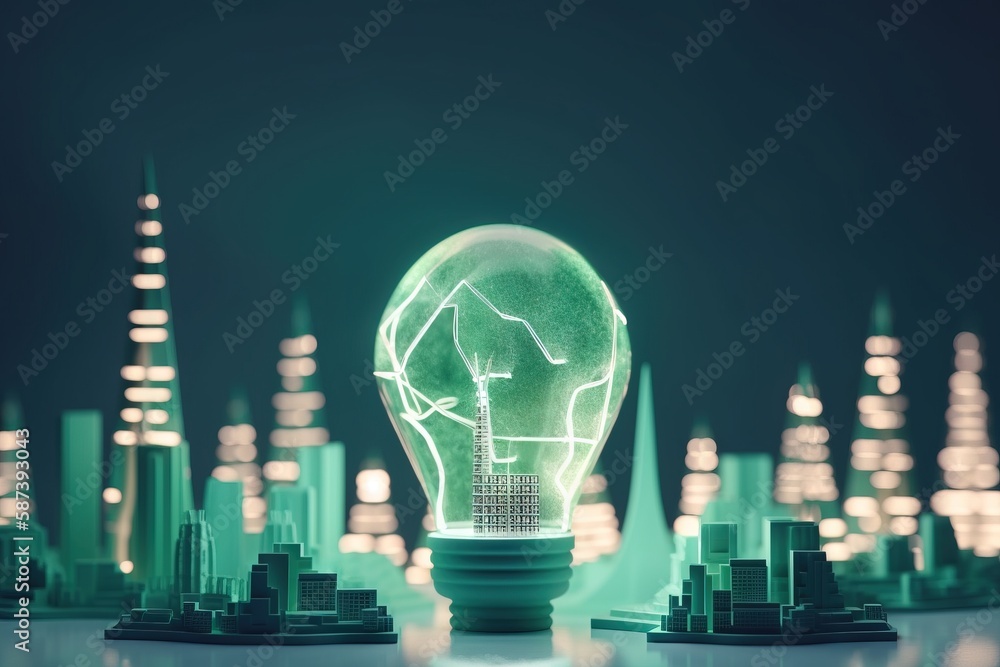 Poster a green light bulb sitting on top of a table in front of a group of buildings and a cityscape in the