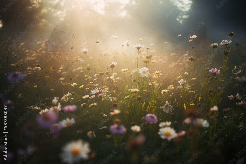 Aufkleber a field of wildflowers with the sun shining through the trees in the background and the sun shining 