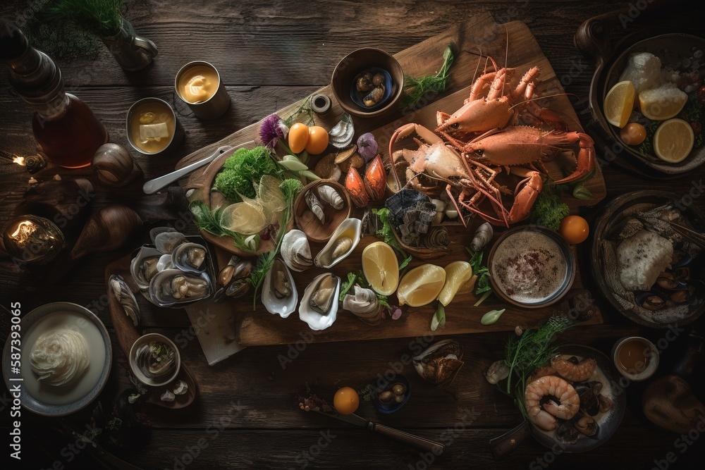Poster a wooden table topped with lots of different types of food and drinks on top of a wooden table next 