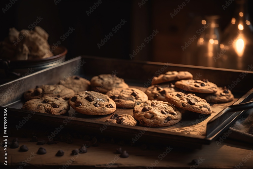 Poster a tray of chocolate chip cookies on a table with a lit candle in the back ground and a tray of choco
