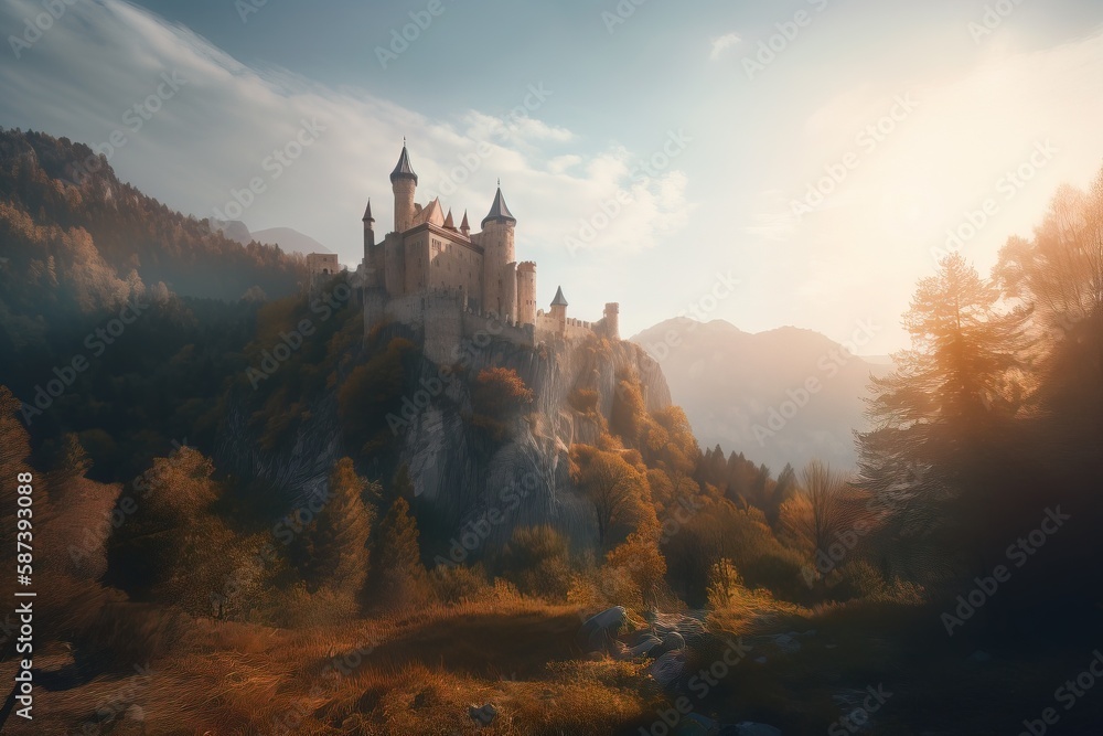 Poster a castle on a hill with trees in the foreground and mountains in the background with clouds in the s