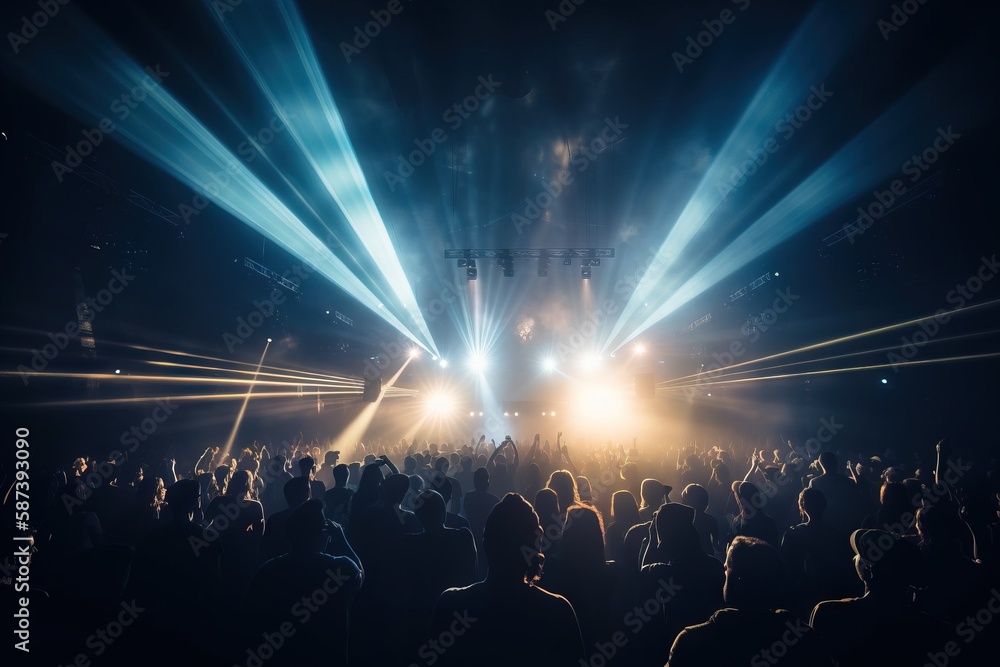 Poster a crowd of people standing around a stage with bright lights on the stage and on the stage lights sh