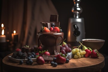 Fototapeta na wymiar a chocolate cake with fruit on a table with a candle in the background and a bowl of fruit on the table with a candle in the background. generative ai