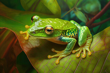 Generative AI illustration of high detailed realistic green frog with brown eyes sitting on green leaf of plant