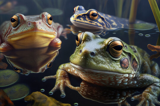 Generative AI illustration of various types of multicolored frogs swimming in reflective water of pond with plant stem and leave over dark background