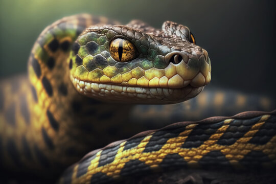 Generative AI image of snake with high detailed head in black and yellow skin with curved body over green blurred background