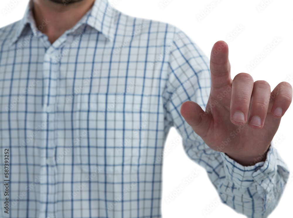 Poster man pretending to touch an invisible screen against white background