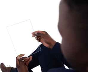 High angle view of businessman using a glass interface