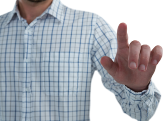 Man pretending to touch an invisible screen against white background