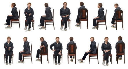 group of the same woman dressed in sportswear and sitting on a chair on white background.